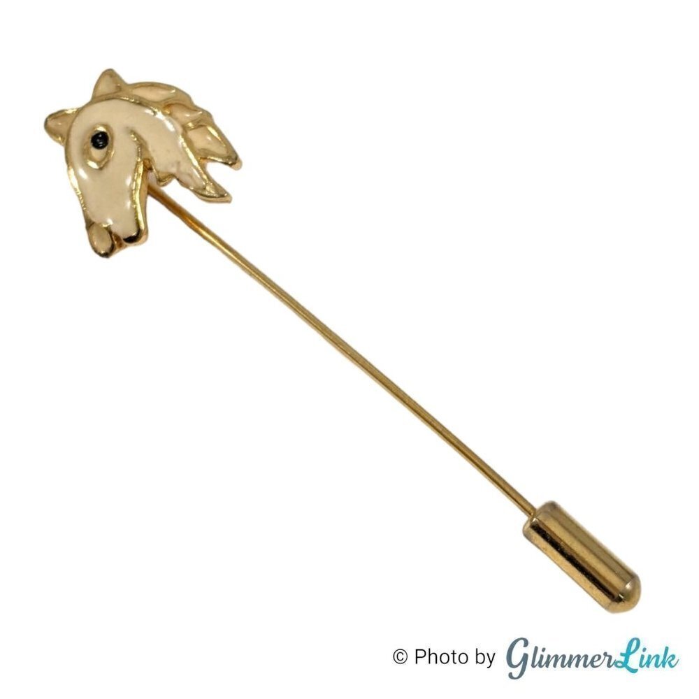 Vintage Equestrian Horse Head Enameled Creamy White & Gold Tone Stick Pin